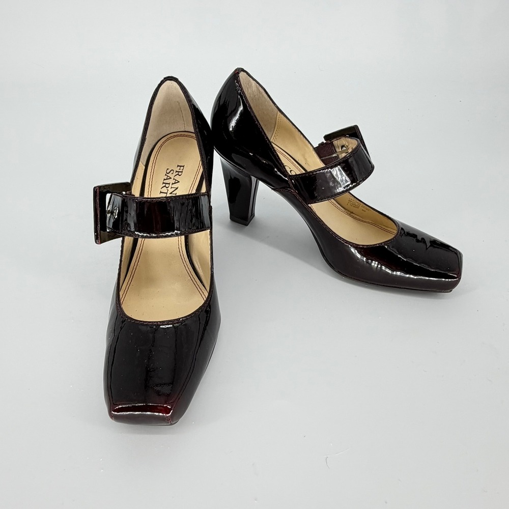 Franco Sarto Women Burgundy Patent Leather Square Toe Mary Jane Block Heels 8.5M